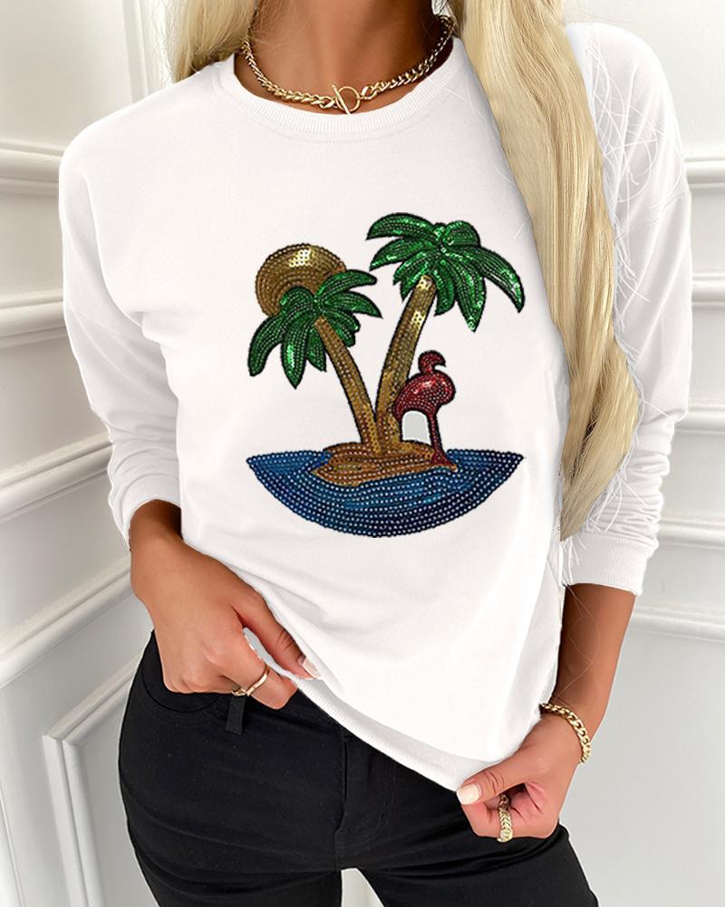 

Coconut Tree Print Long Sleeve Blouse, White