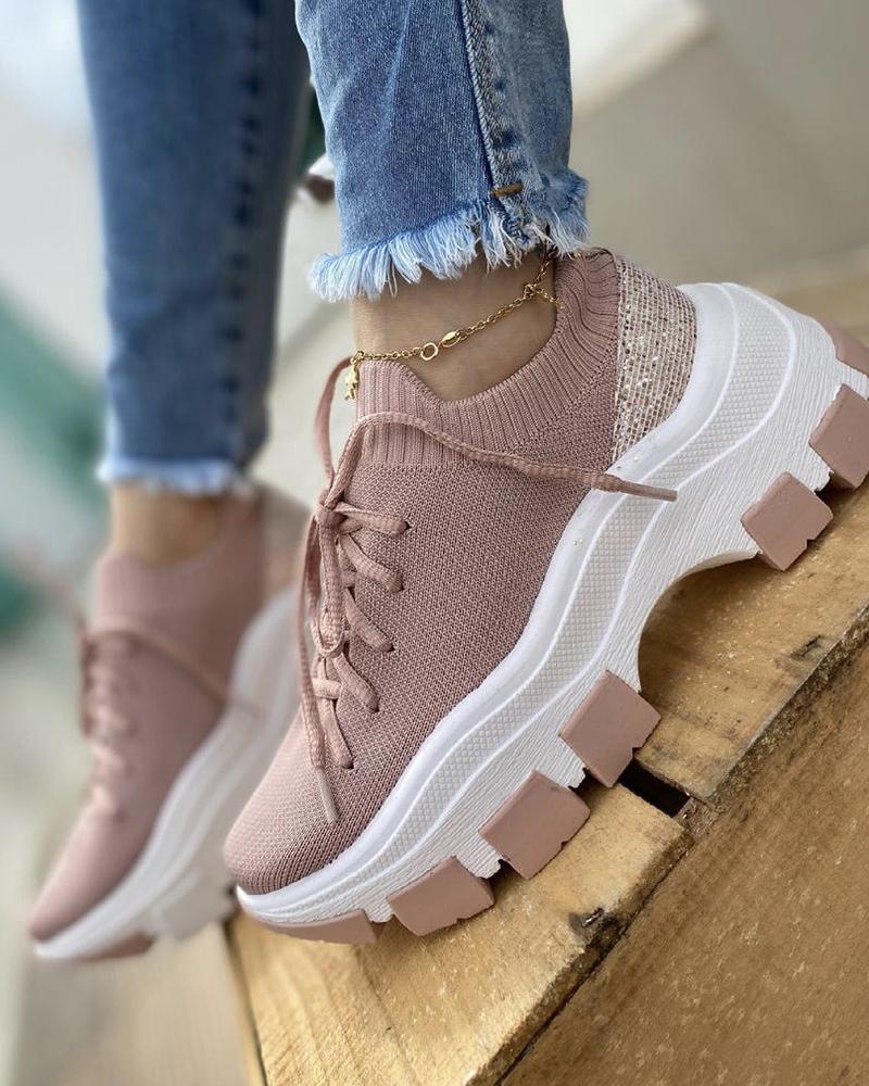 

Solid Knitted Strappy Closure Round-toe Sneakers, Pink