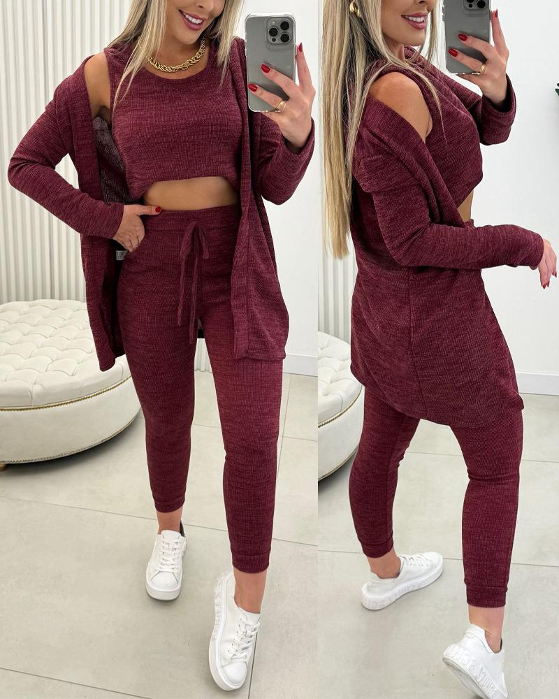 

Conjunto de pantalones con cordón y diseño de camiseta sin mangas y bolsillo con abrigo, Wine red