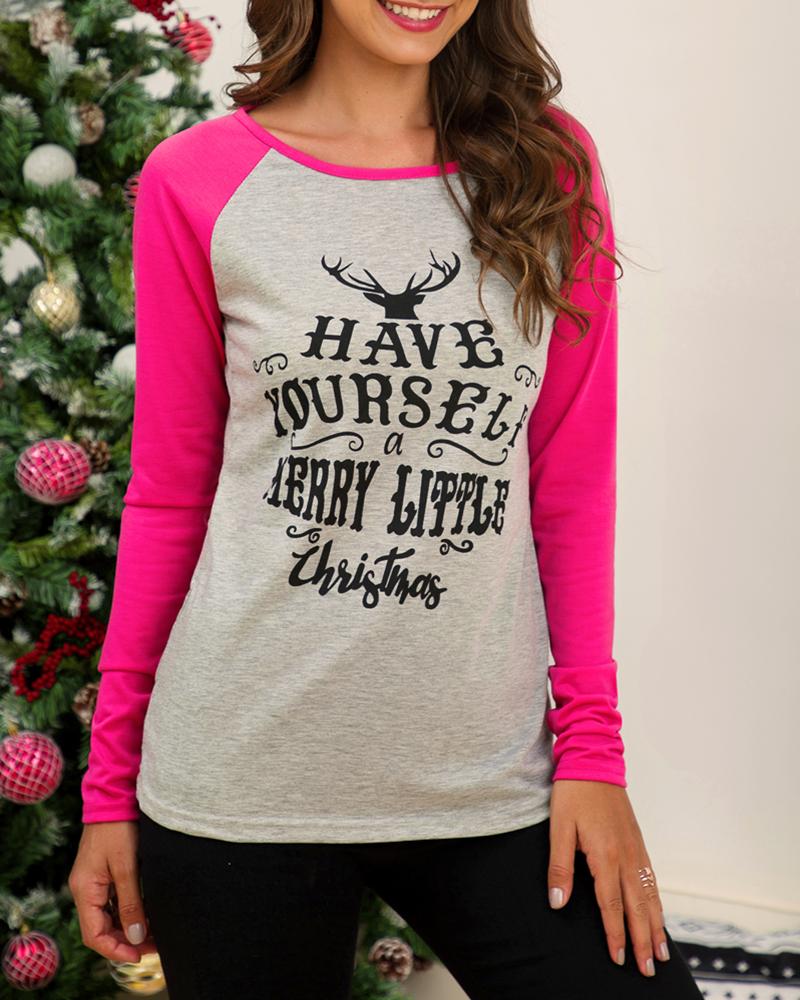 

Christmas Colorblock Deer Letter Print Top, Pink