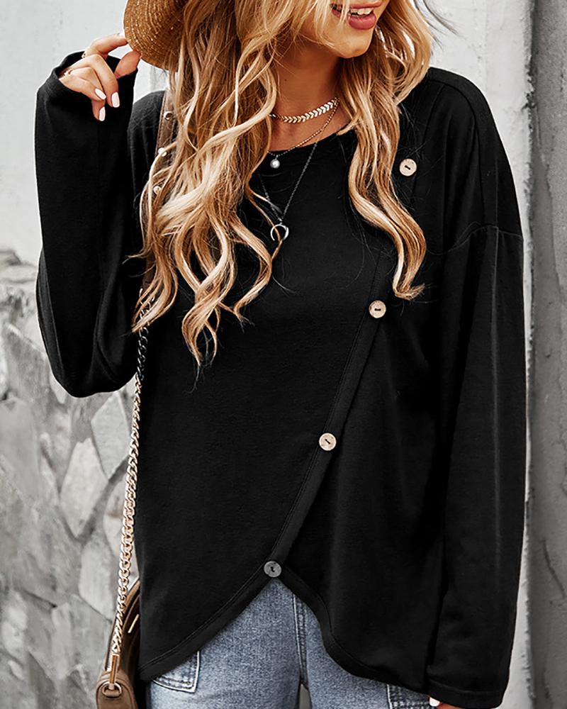 

Button Design Long Sleeve Casual T-Shirt, Black