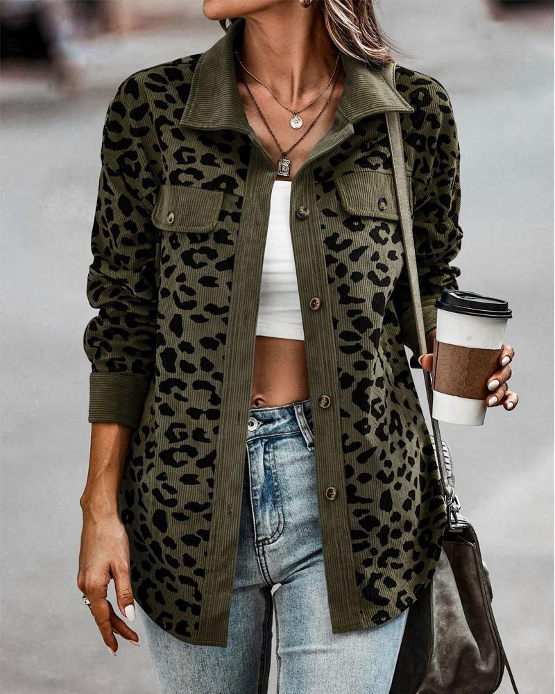 

Leopard Print Long Sleeve Button Down Shacket, Green