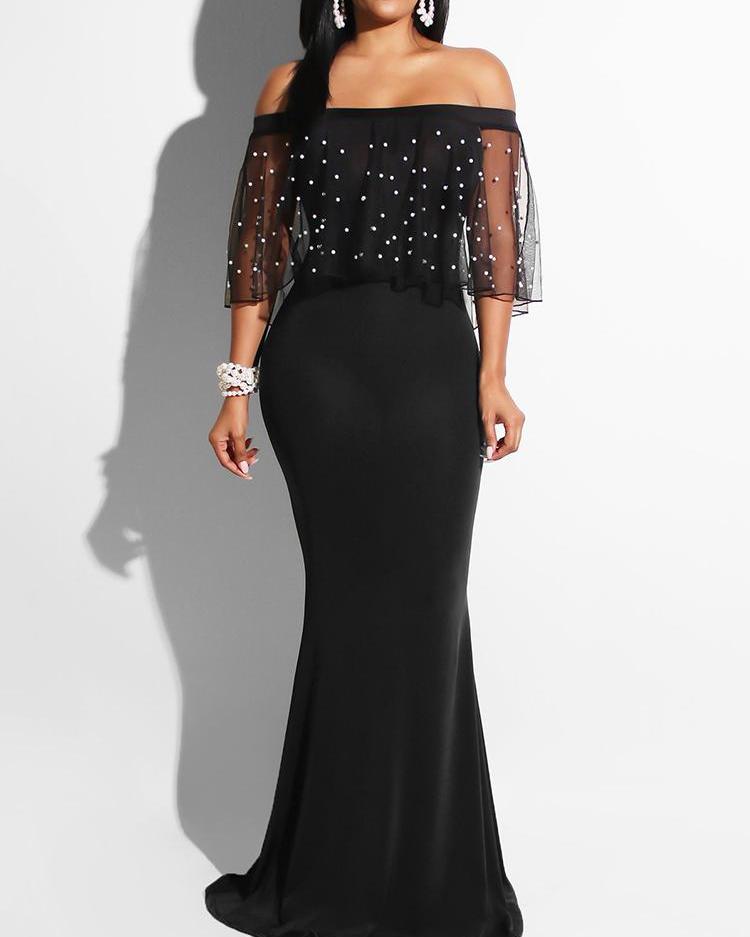 

Mesh Beading Embellished Off Shoulder Maxi Dress, Black