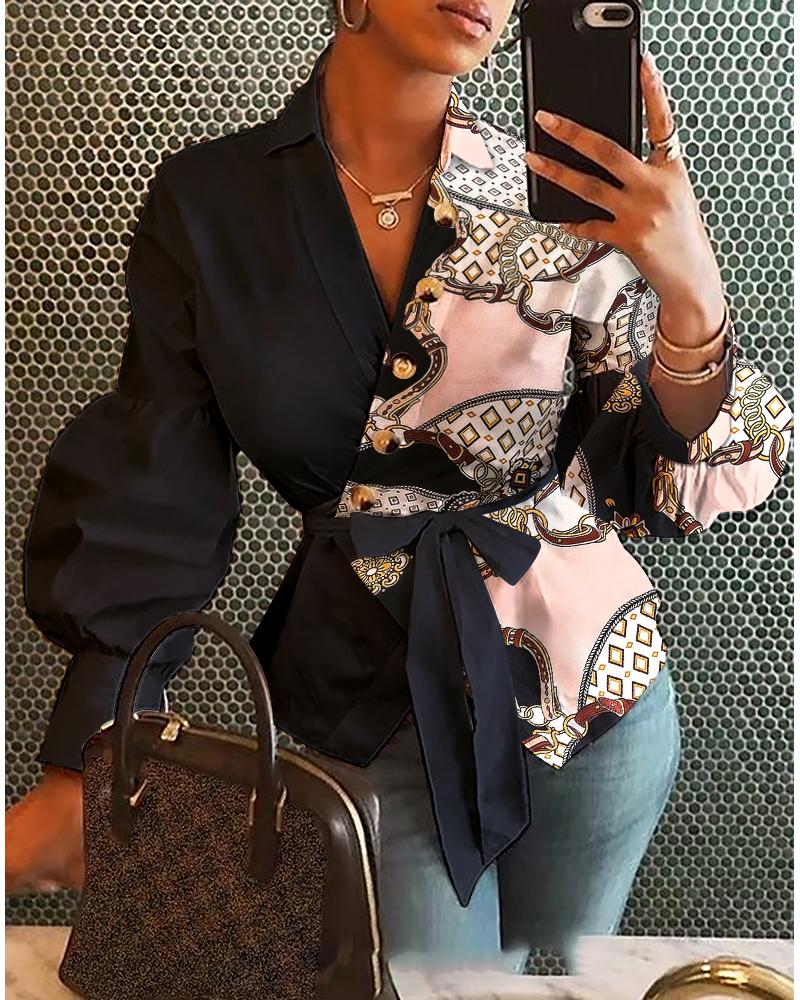 

Chain Scarf Print Lantern Sleeve Belted Wrap Top, Pink