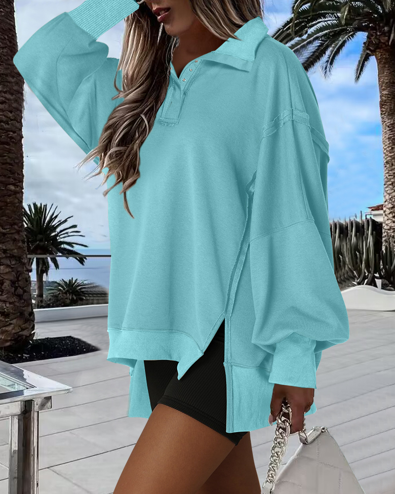 

Polo Collar Long Sleeve Sweatshirt Loose Fit Side Slit Dip Hem Casual Top, Blue