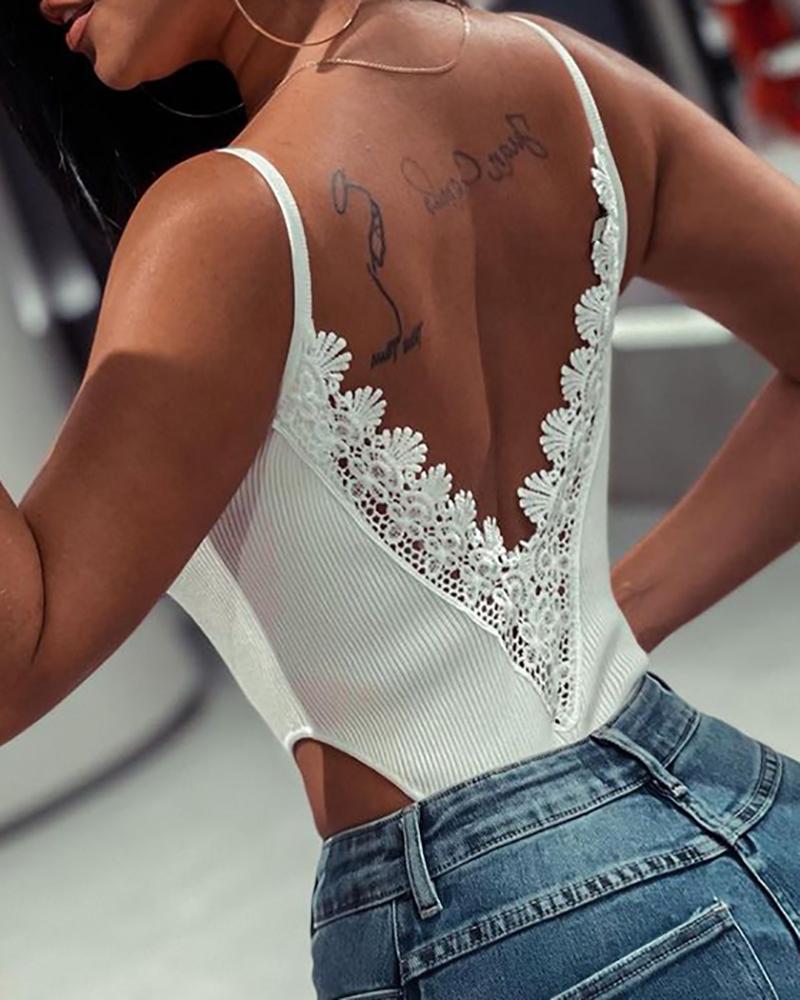 

U Neck Lace Patch Backless Bodysuit, White