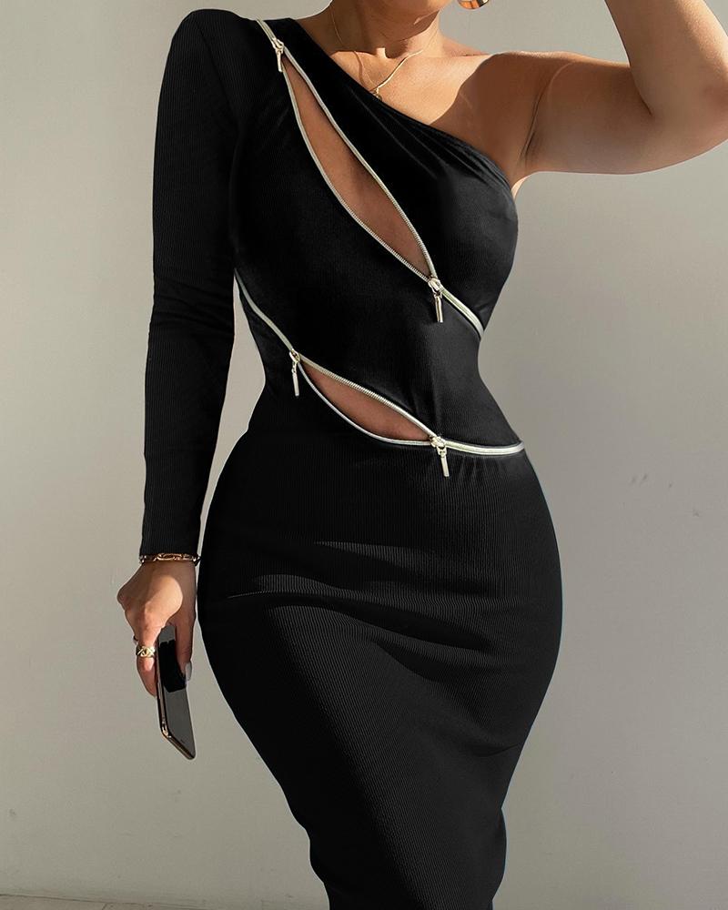 

Zip Detail One Shoulder Ribbed Bodycon Dress, Black