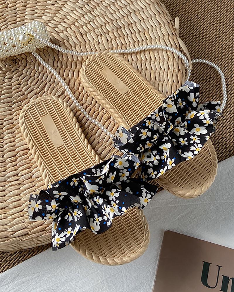 

Ruched Band Ditsy Floral Print Slippers, Black
