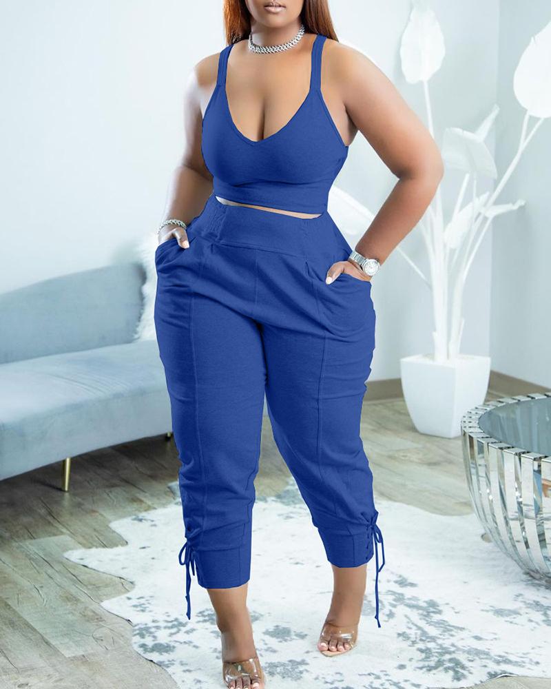 

Thin Strap Crop Top & Eyelet Lace-up Pants Set, Blue