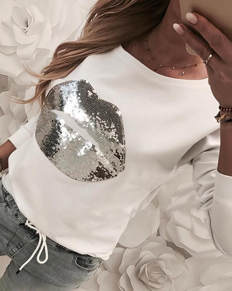 

Lip Pattern Sequins Long Sleeve Top, White