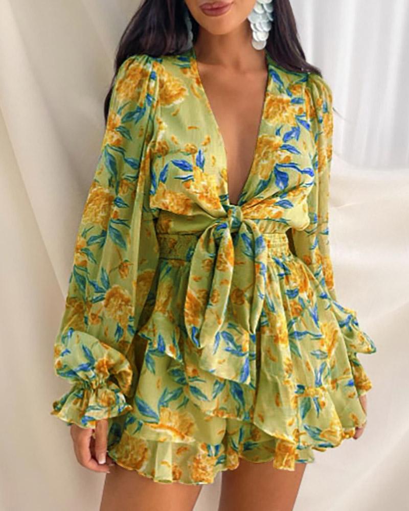 

Plunge Floral Print Knotted Design Romper, Yellow