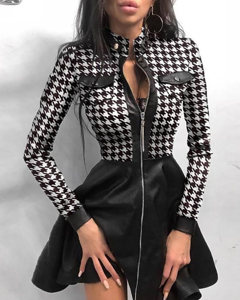 

Houndstooth Print Zip Front PU Leather Casual Dress, Black