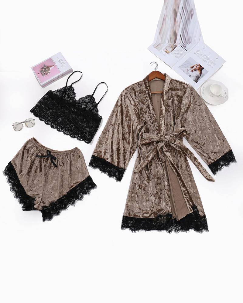

3PCS Lace Trim Cami Set With Belted Velvet Robe, Gold