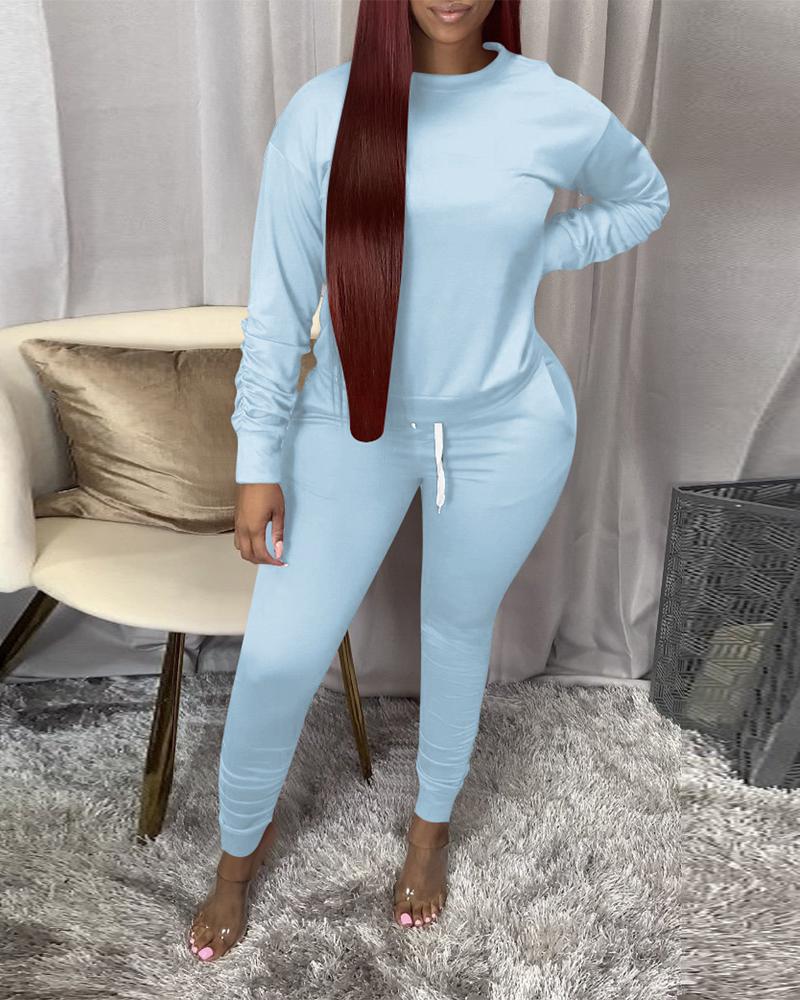 

Ruched Long Sleeve Top & Drawstring Pants Set, Blue