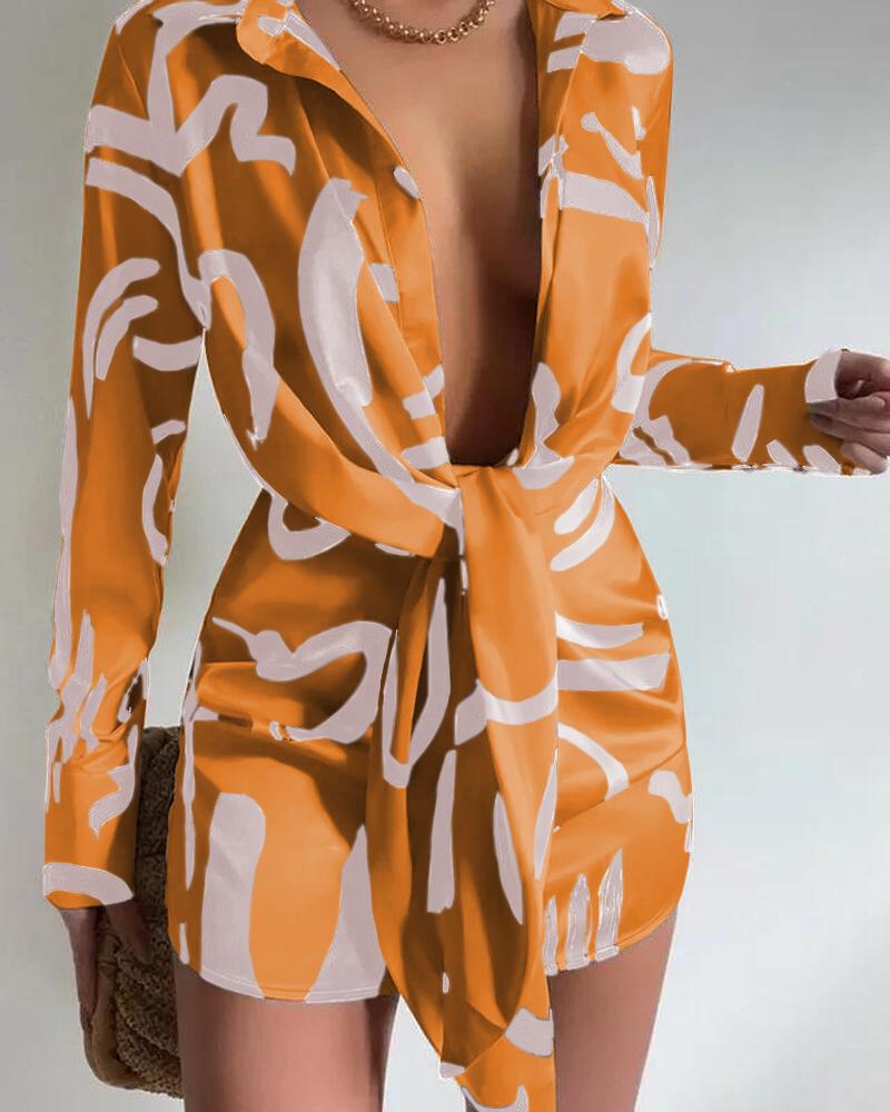 

Allover Print Tied Detail Long Sleeve Shirt Dress, Orange