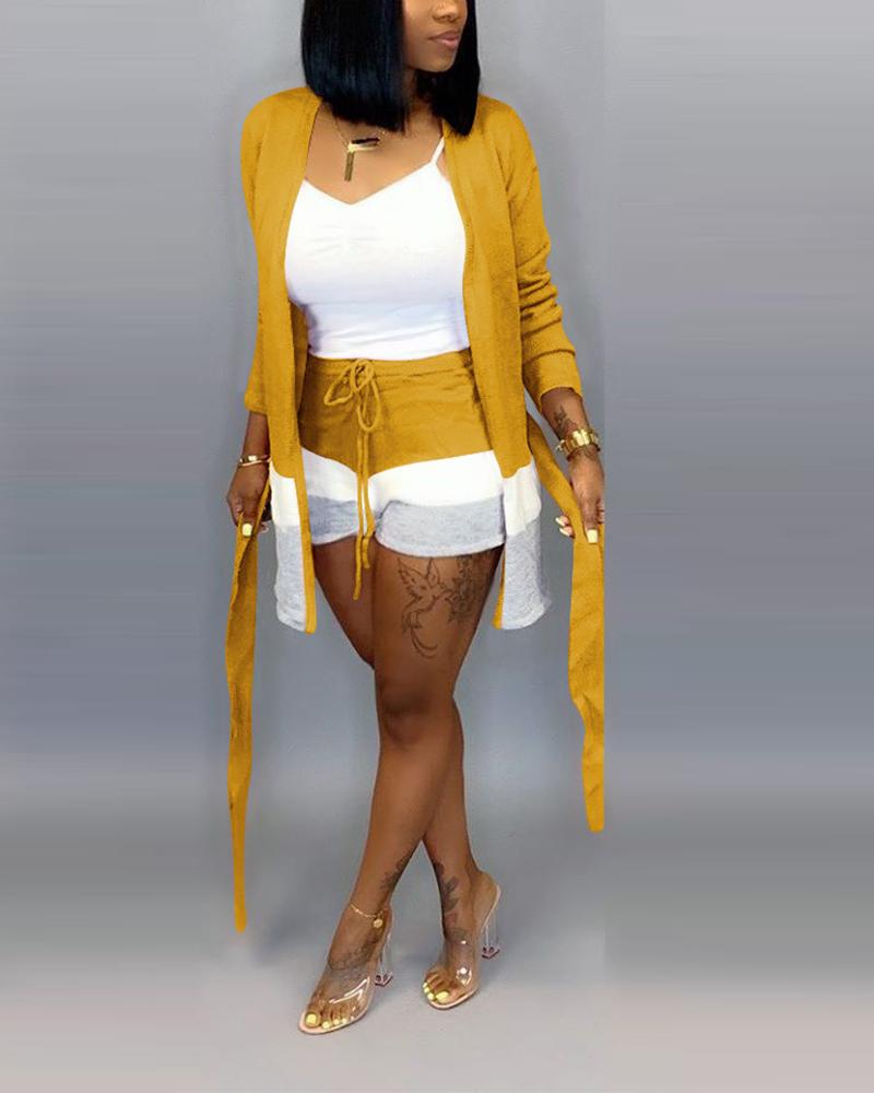 

Colorblock Open Front Tied Rib-knit Cardigan & Shorts Set, Yellow