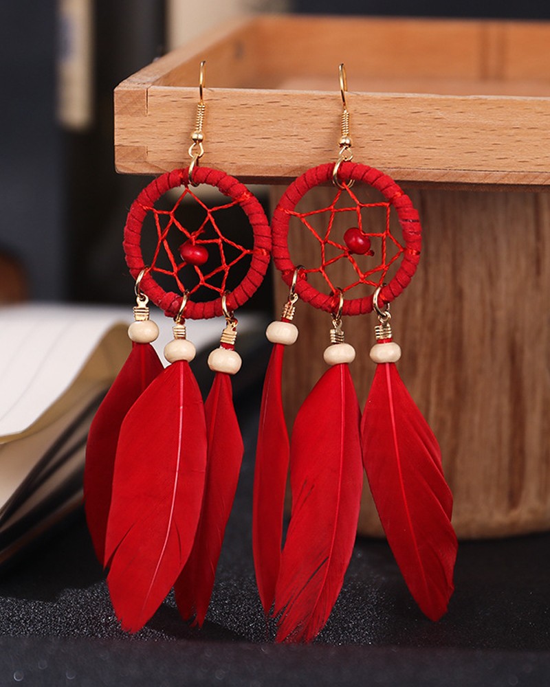 1Pair Beaded Feather Decor Dream Catcher Shaped Drop Earrings