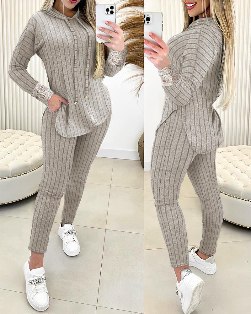 

Lace Patch Ribbed Hooded Top & Pocket Design Pants Set, Apricot