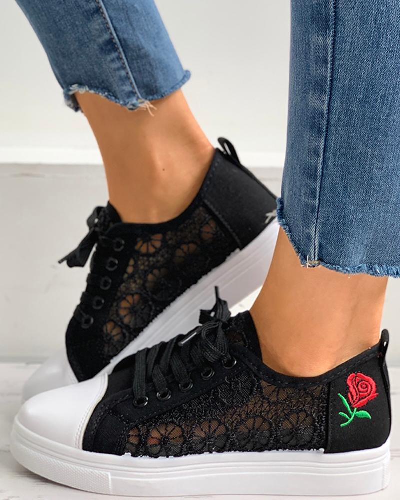 

Sheer Mesh Floral Pattern Lace-up Sneaker, Black