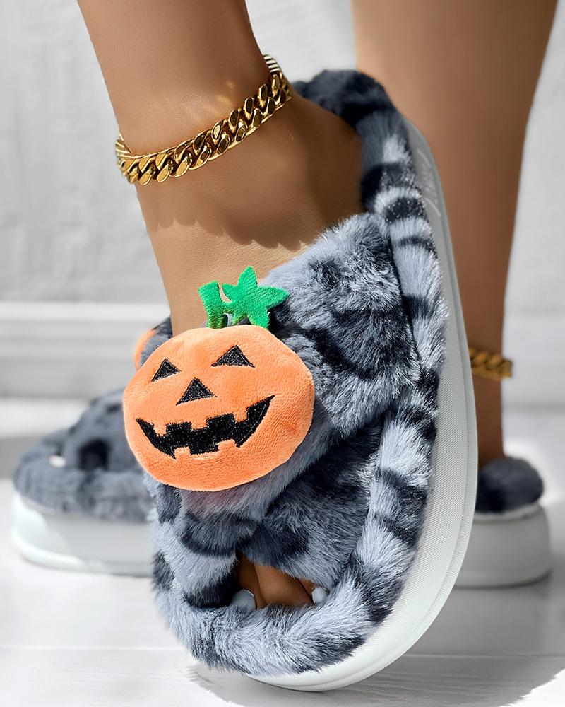 

Halloween Pumpkin Head Pattern Leopard Cross Strap Platform Fluffy Slippers, Blue