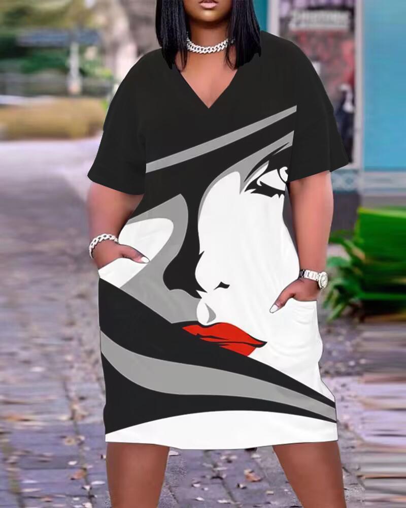 

Plus Size Abstract Figure Print Pocket Design Casual Dress, Blackwhite
