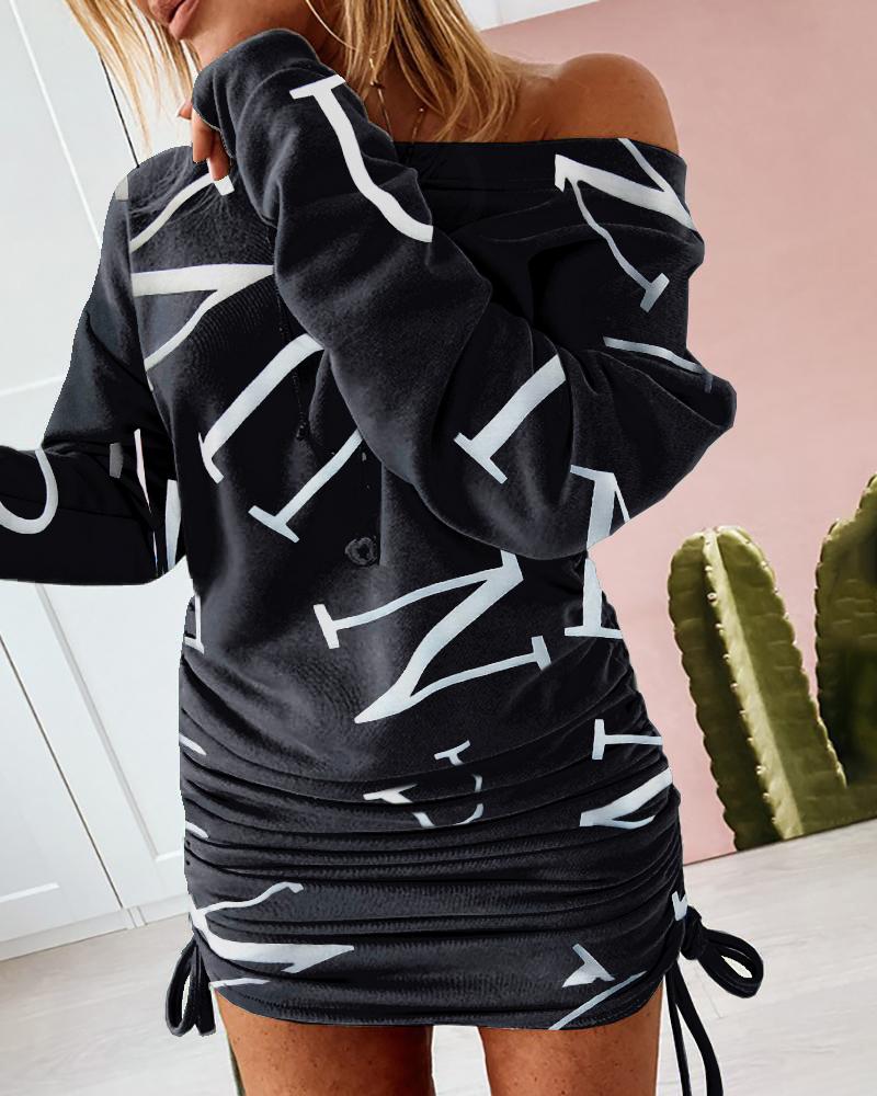 

Letter Print Drawstring Ruched Sweatshirt Dress, Black