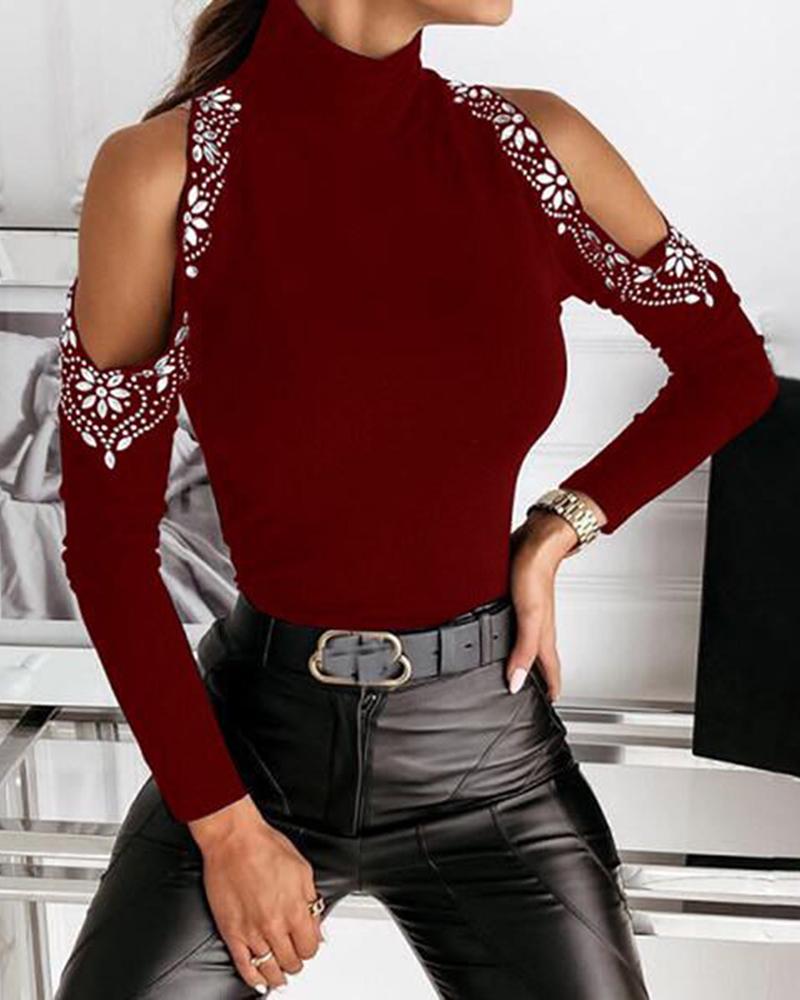 

Rhinestone Decor Cold Shoulder Skinny Top, Red
