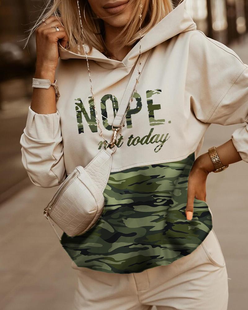 Long Sleeve Letter Camouflage Print Hooded Sweatshirt