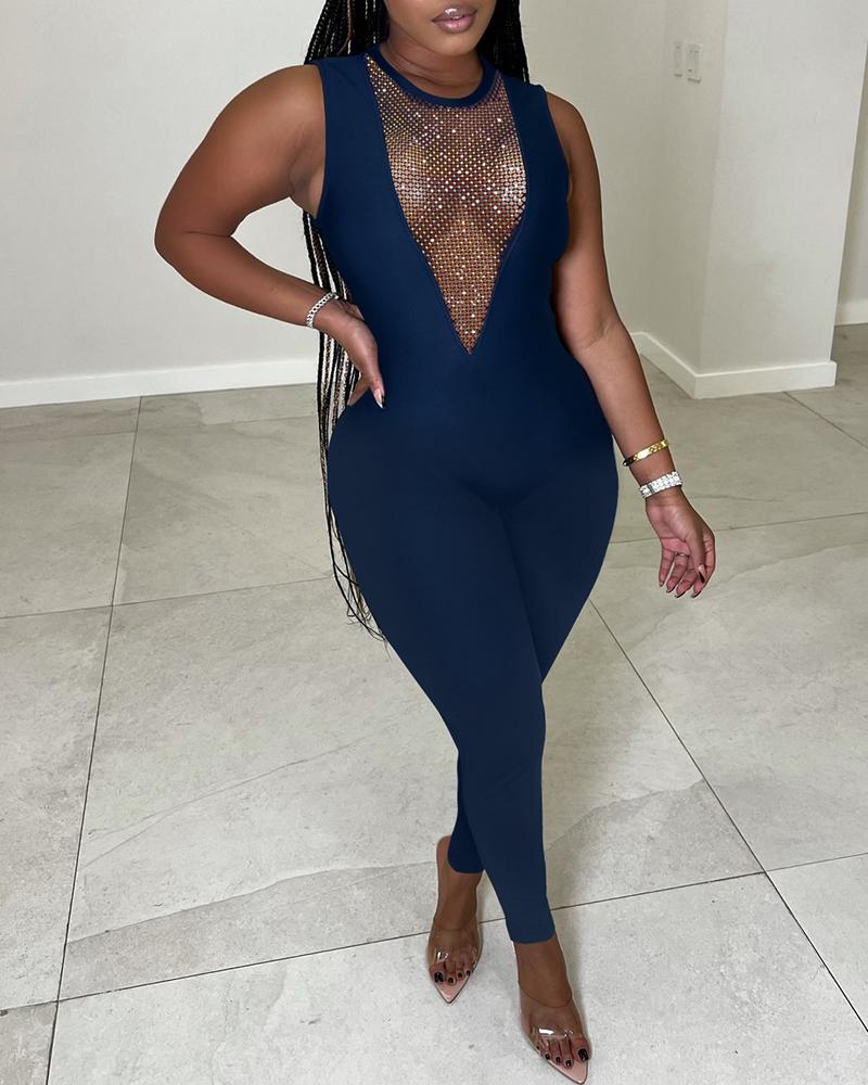 

Rhinestone Decor Hollow Out Sleeveless Jumpsuit, Dark blue