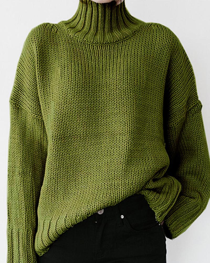 

Long Sleeve High Neck Chunky Knit Sweater, Green