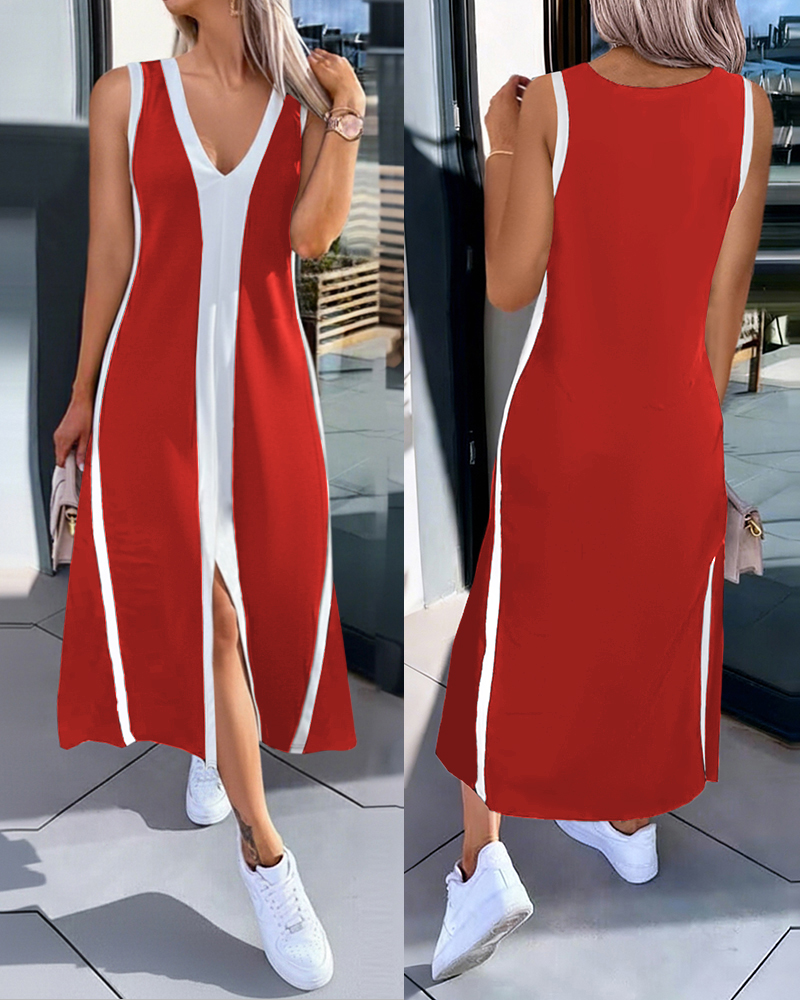 

Vestido informal holgado de corte A con escote en V profundo, sin mangas y abertura frontal con bloques de color, Red