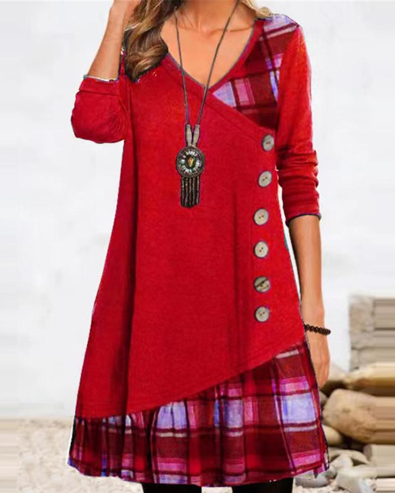 

Plaid Print Button Front Casual Dress, Red