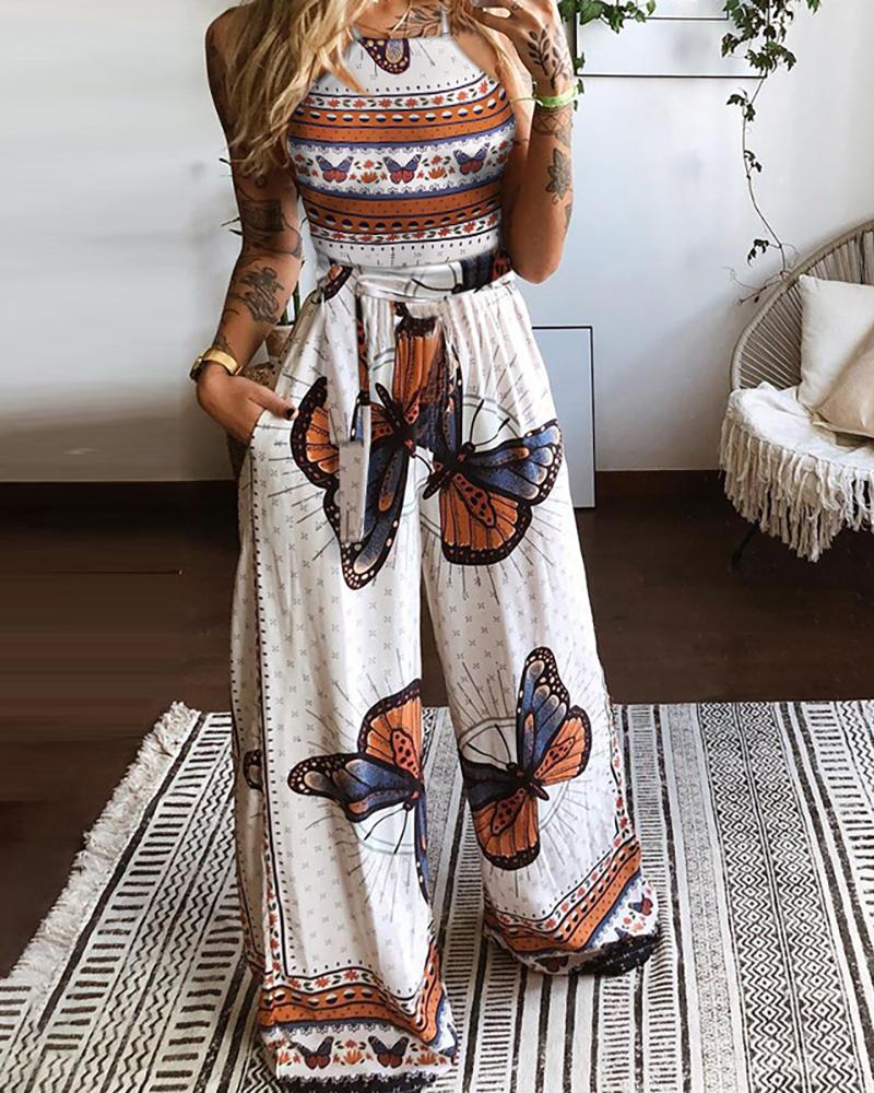 

Butterfly Print Sleeveless wide Leg Jumpsuit, White