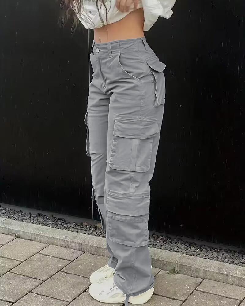 

Pocket Design High Waist Cargo Pants, Gray