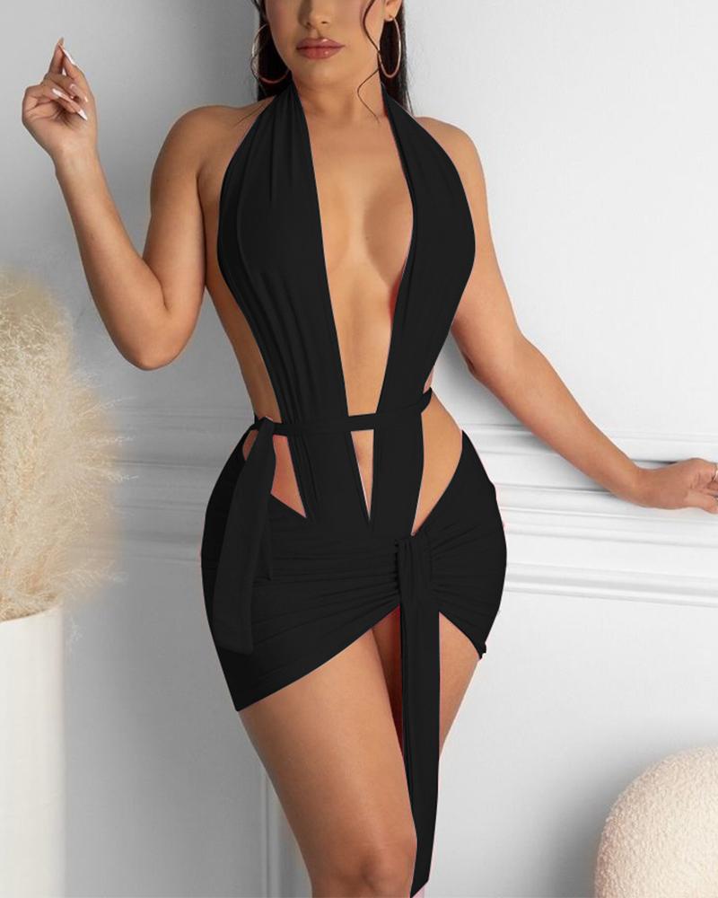 

Solid Sleeveless Slim Strappy Bodysuit With Strappy Mini Skirts Suit Sets, Black