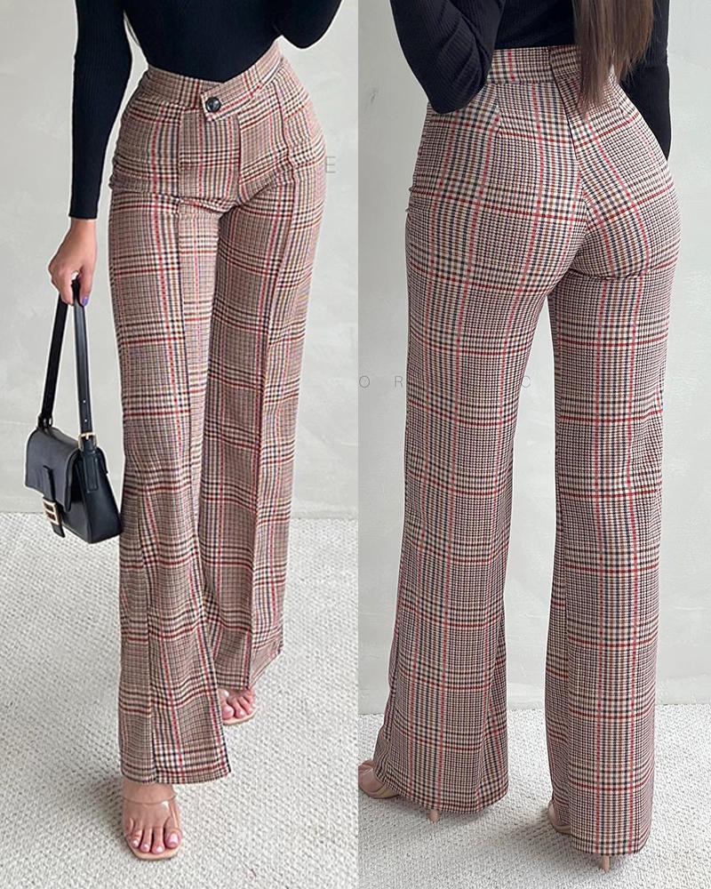 

Plaid Print Overlap Waist Work Pants, Red