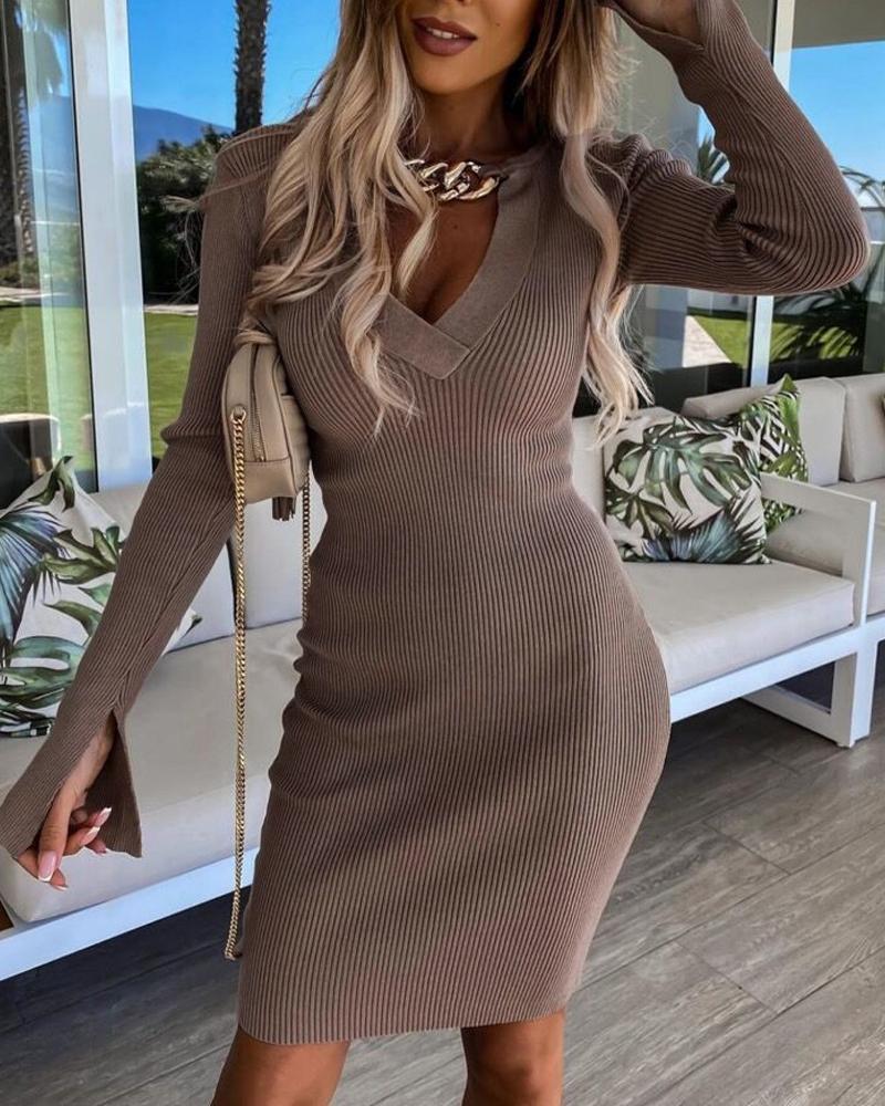 

Chain Decor Split Hem Long Sleeve Bodycon Dress, Coffee