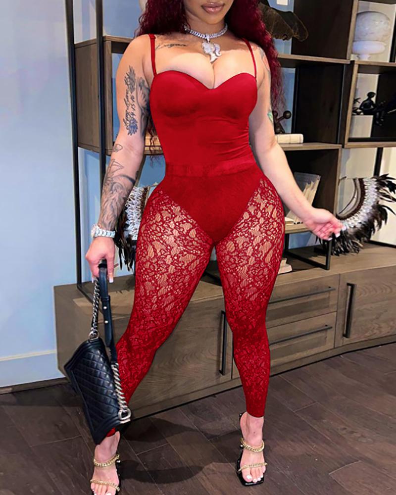 

Spaghetti Strap Bodysuit & Lace Patch Pants Set, Red