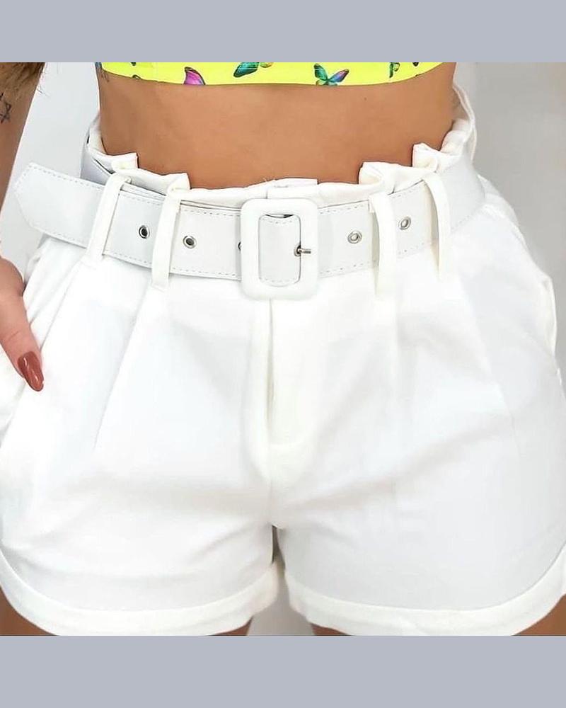 

Ruched Pocket Design Shorts With Belt, White