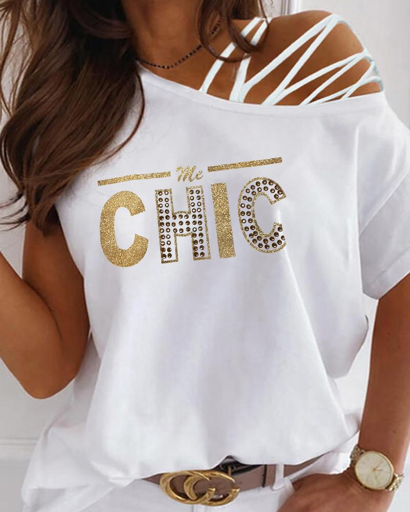 

ChicMe Cold Shoulder Letter Print Top, White