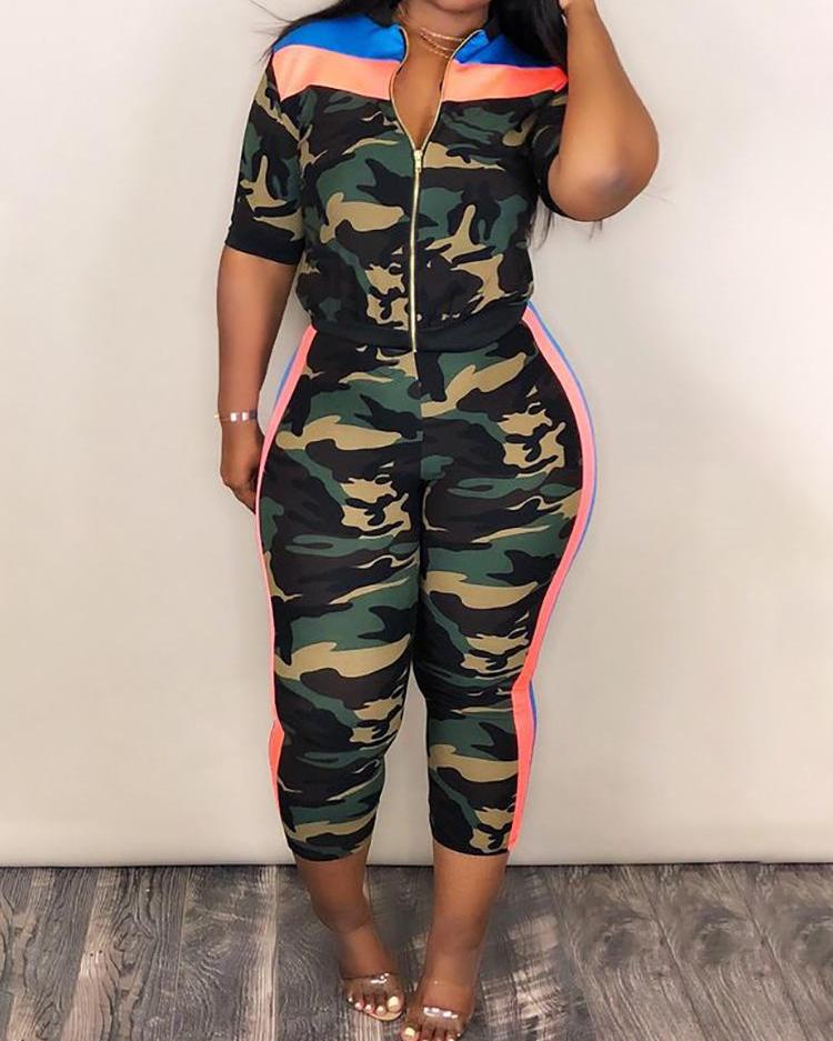 

3PCS Camo Print Striped Side Tracksuit, Army green