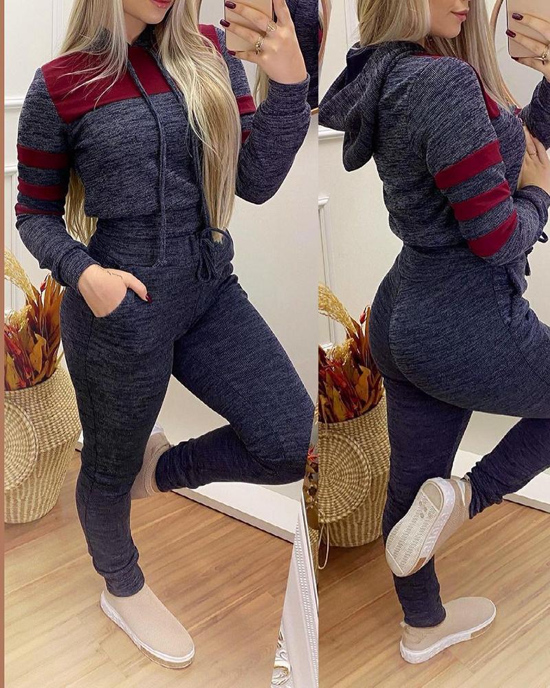 

Striped Print Colorblock Hooded Top & Drawstring Pants Set, Dark grey