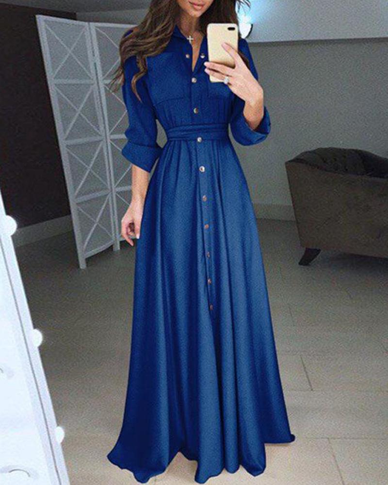 

Button Design Long Sleeve Maxi Dress, Blue