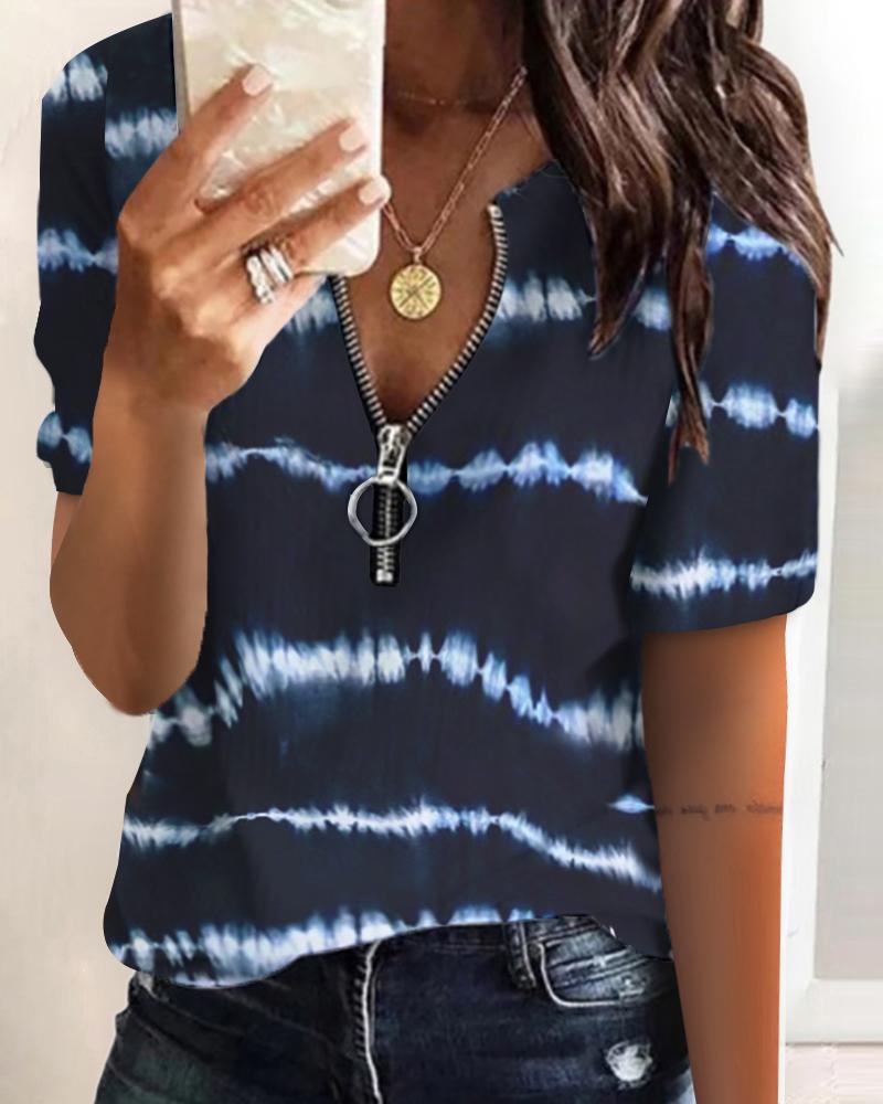

Zipper Design Tie Dye Print Colorblock T-shirt, Purplish blue