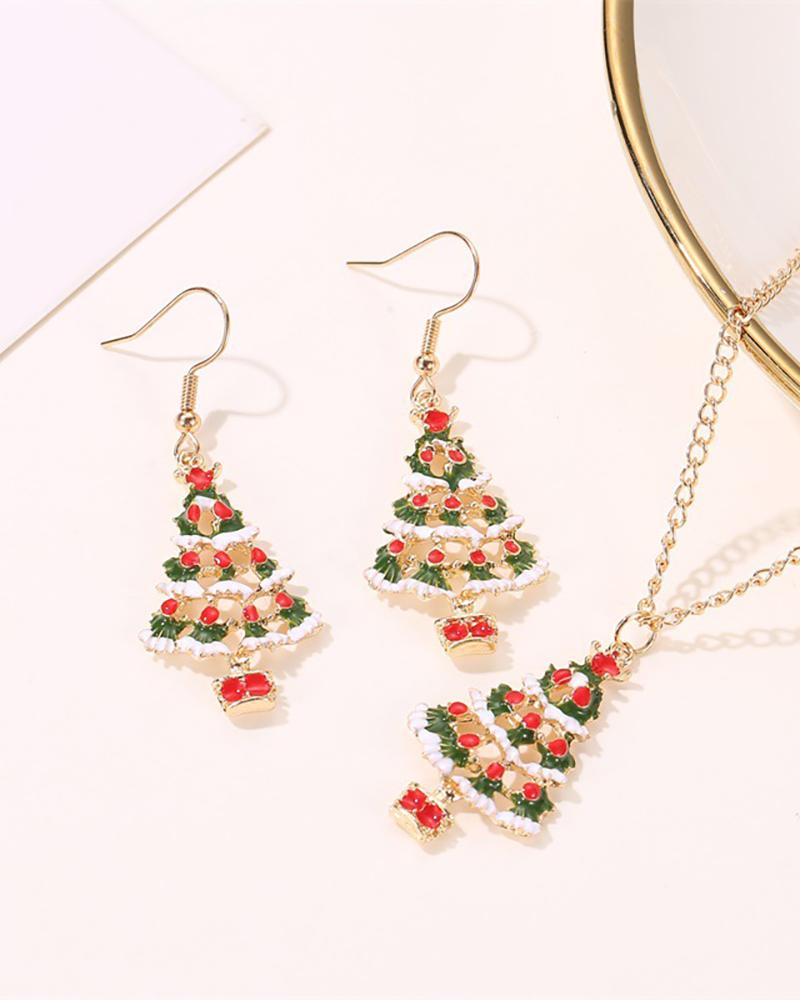 

Christmas Tree Pattern Drop Earring & Necklace Set, Green