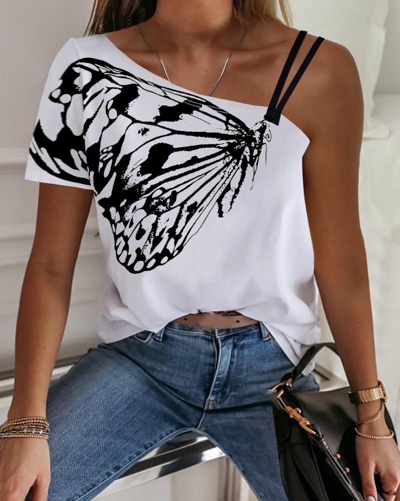 

One Shoulder Butterfly Print Casual T-shirt, White