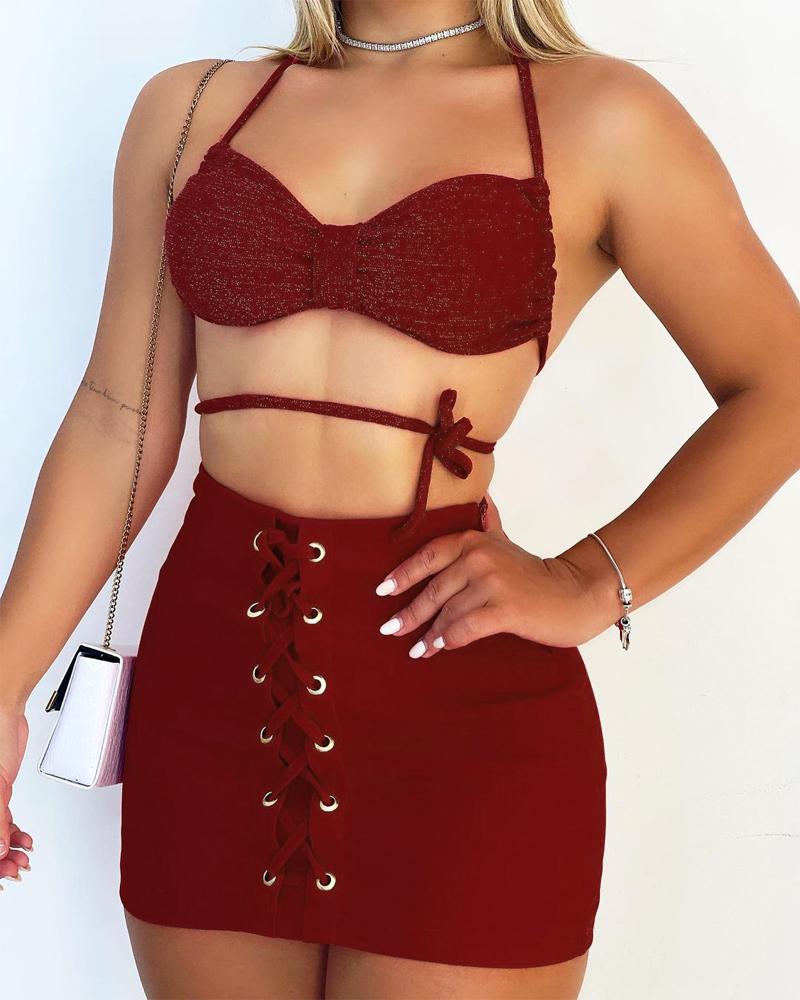 

Criss Cross Backless Crop Top & Eyelet Lace-Up Skirt Set, Red