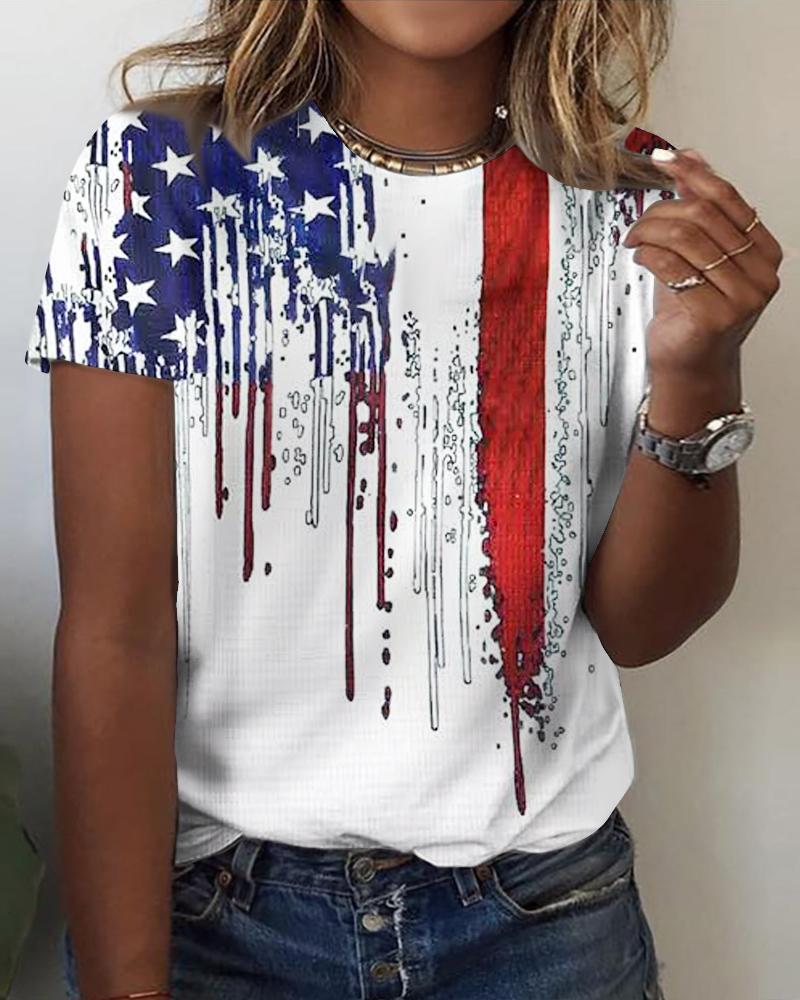 

Plus Size Independence Day Flag Print Short Sleeve T-Shirt, White