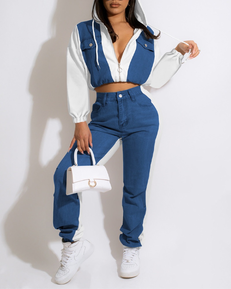 

Colorblock Denim Patch Crop Top & Cuffed Pants Set, White