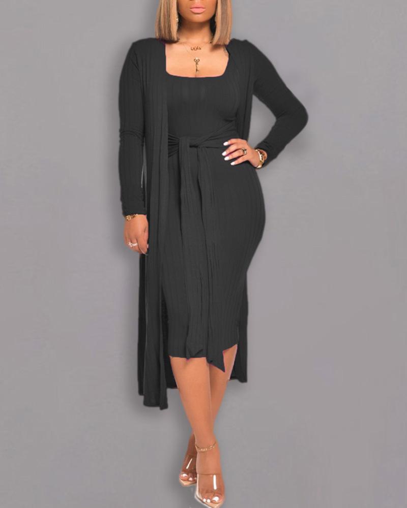 

Tie Front Midi Dress & Long Sleeve Longline Coat Set, Black
